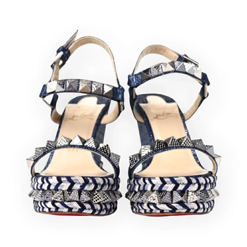 CHRISTIAN LOUBOUTIN Denim Lame Lux Pyraclou 110 Wedge Sandals |Size: 39|